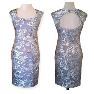 Silver Gray Sequined Mini Dress Floral Open Back Sleeveless Cocktail by Marina